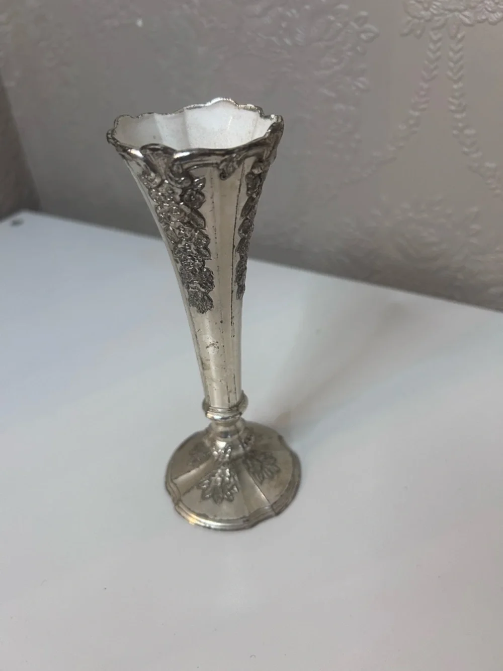 Vintage Silver Floral Bud Vase Vintage Silver Vase with White Porcelain Interior - Picture 3 of 5